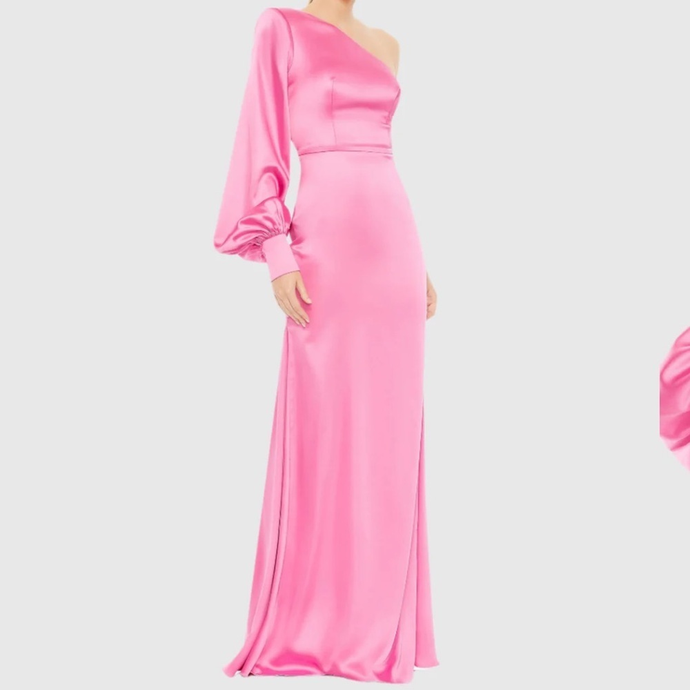 IEENA FOR MAC DUGGAL
Pink One Shoulder Bishop Sleeve Trumpet Gown 10
